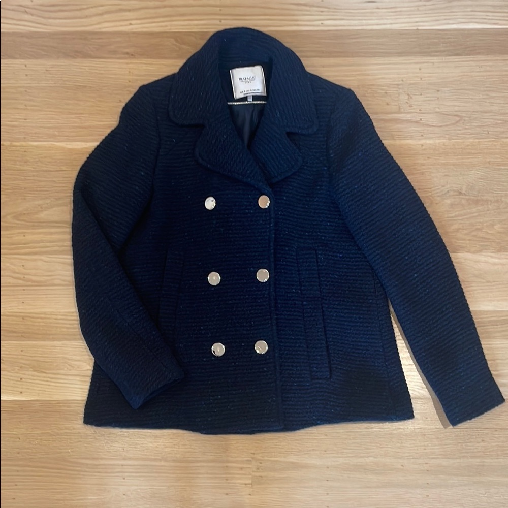 Knit navy blue pea coat, size small, NWOT